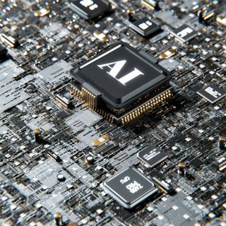 The letters AI, printed on a large computer chip, in the middle of a circuitboard