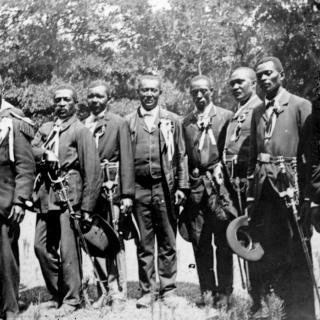 Civil War reenactors at a Juneteenth celebration at Eastwoods Park, Austin, Texas, in 1900.