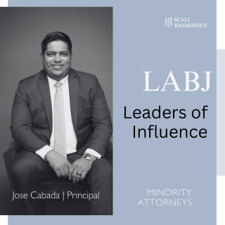 Award poster for a scalirassmussen labor and employment attorney awarded "leader of influence" by the Los Angeles business journal