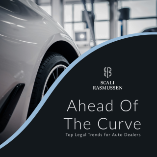 car with a black curve over it and the title "ahead of the Curve: Top Legal Trends for auto dealers"